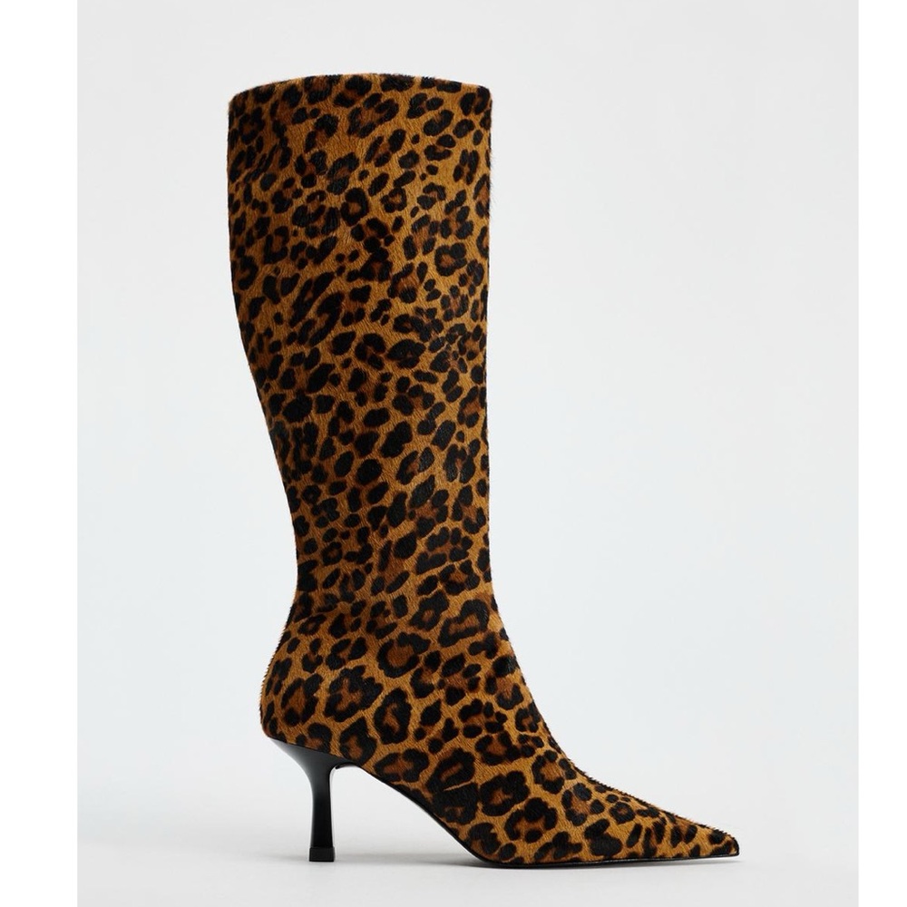 Leopard Knee-High ANIMAL PRINT HEELED 100% LEATHER BOOTS. 8/39. Wow - Picture 8 of 10